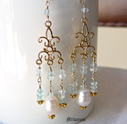 Schaef Designs Aquamarine, White Freshwater Pearl, & Gold Vermeil Chandelier Dangle Earrings | Arizona 