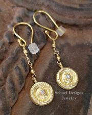 Schaef Designs 18kt solid gold hammered round disks with white diamond and 22kt solid gold dangle earrings | Arizona 