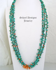 Schaef Designs Turquoise & Orange Spiny Oyster 3 Strand Pueblo Long Necklace | New Mexico