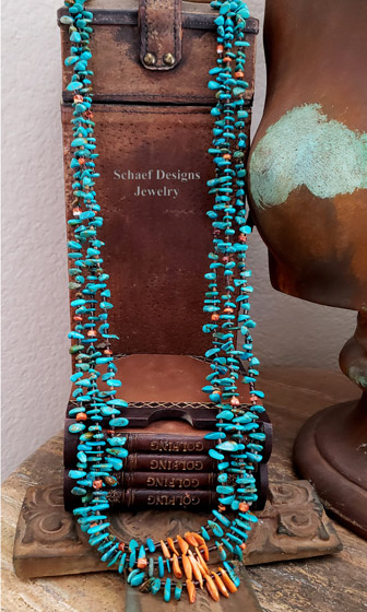Schaef Designs 3 strand turquoise tab & orange spiny oyster long pueblo style Necklace | Arizona 
