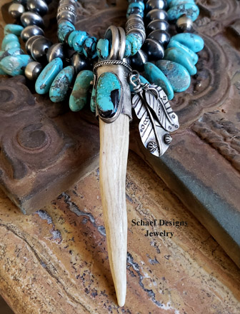   Schaef Designs Deer Antler tine, Pilot Mountain turquoise & sterling silver feathers Southwestern Pendant | New Mexico