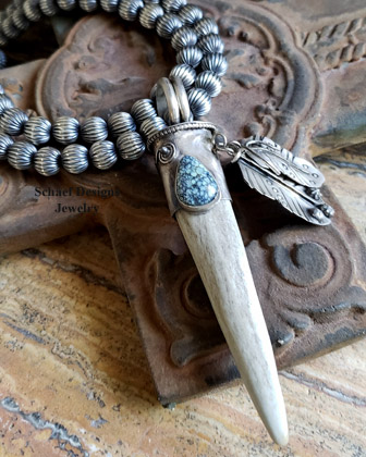 Schaef Designs Deer Antler tine, new lander turquoise & sterling silver feathers Southwestern Pendant | New Mexico