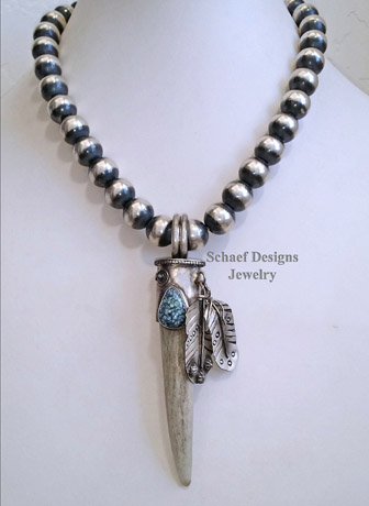 Schaef Designs Deer Antler tine, new lander turquoise & sterling silver feathers Southwestern Pendant | New Mexico