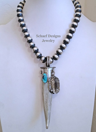 Schaef Designs Deer Antler tine, rich deep blue high grade Apache Blue Turquoise & sterling silver feathers Southwestern Pendant | Arizona