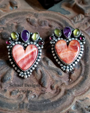 Bernyse Chavez artist signed Orange Spiny Oyster shell hearts with gemstone post earrings | Schaef Designs | New Mexico 