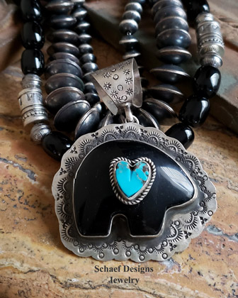 Schaef Designs Black onyx & hand stamped sterling silver bear pendant | Schaef Designs turquoise jewelry | Arizona 