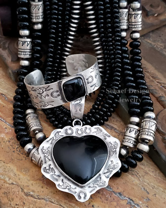 Schaef Designs Black Onyx Heart & Painted Pony Hand Stamped Sterling Silver Southwestern Pendant | Arizona