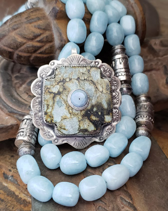 Schaef Designs Powder Blue Stacked Stone Hubei Turquoise & Opal Square Cross Pendant | New Mexico 