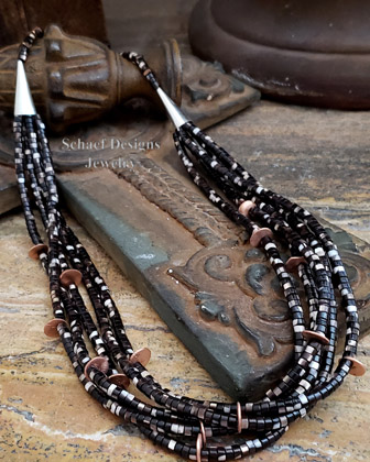 Schaef Designs brown mother of pearl, copper, & sterling silver Multi strand Heishi Necklace | Arizona  