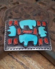 C Chamas artist signed Turquoise buffalo bison and red coral on sterling silver large unisex belt buckle | Schaef Designs | New Mexico 