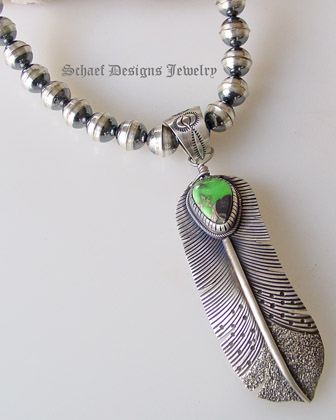  Green Carico Lake & sterling silver native american artist signed feather pendant | Schaef Designs artisan handcrafted Southwestern, Native American & Equine Jewelry | Online upscale southwestern equine jewelry boutique gallery | New Mexico 