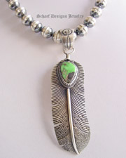 Green Carico Lake & sterling silver native american artist signed feather pendant | Schaef Designs artisan handcrafted Southwestern, Native American & Equine Jewelry | New Mexico 