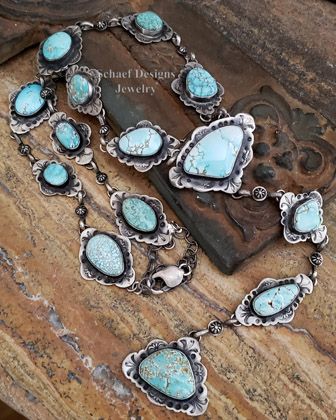 Schaef Designs Carico Lake Turquoise & Hand Stamped Sterling Silver LONG Rosary Style Southwestern Necklace | Arizona 