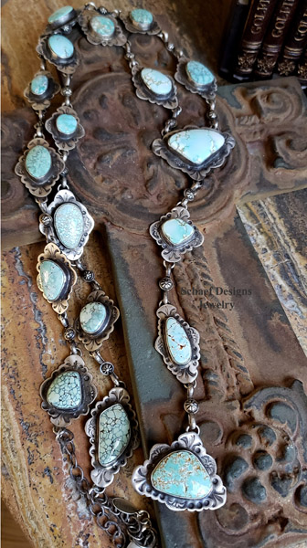 Schaef Designs Carico Lake Turquoise & Hand Stamped Sterling Silver LONG Rosary Style Southwestern Necklace | Arizona 