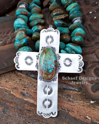 Schaef Designs Southwestern Kingman Turquoise & Sterling Silver Cross Pendant | Arizona 