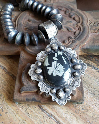 Schaef Designs Chinese writing stone & stamped sterling silver boho southwestern pendant | Arizona 