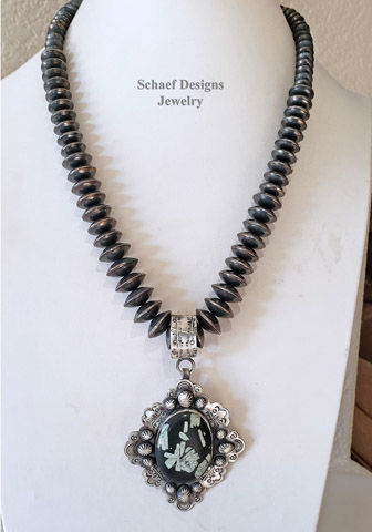 Schaef Designs Chinese writing stone & stamped sterling silver boho southwestern pendant | Arizona 