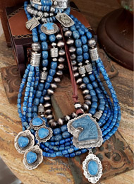 Schaef Designs denim lapis and sterling silver tube bead multi strand long necklaces with Vince Platero LARGE sterling silver heart pendant | New Mexico