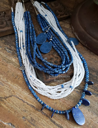 Schaef Designs Denim Lapis Tab & White shell multi strand necklace | New Mexico 