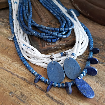 Schaef Designs Denim Lapis Tab & White shell multi strand necklace | New Mexico 