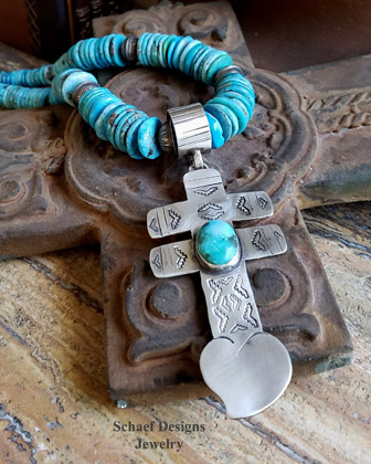 Schaef Designs LARGE Nacosari Turquoise &Sterling Silver Heart Dragonfly Cross Southwestern Pendant | Arizona 