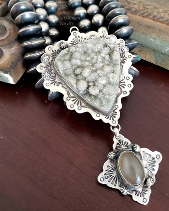 Schaef Designs Taupe Druzy Chalcedony & stamped sterling silver Southwestern pendant | Arizona