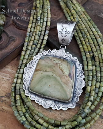 Schaef Designs gary green jasper & stamped sterling silver Southwestern pendant | Arizona 