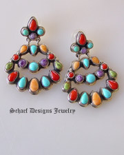 Multi stone chandelier native american post earrings artist signed by Geneva J A rite coral gaspeite turquoise & spiny oyster shell | Schaef Designs | New Mexico