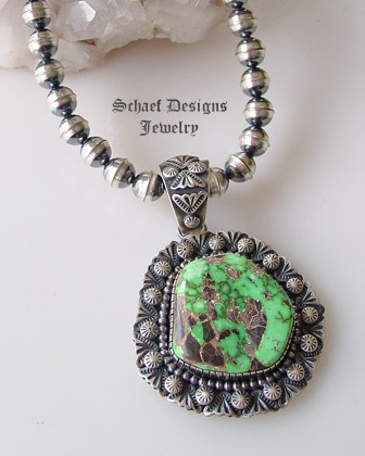 Specimen Large Green Carico Lake & sterling silver artist signed native american pendant | Upscale online Southwestern, Equine, & Native American Jewelry Gallery Boutique | Schaef Designs Jewelry | San Diego CA