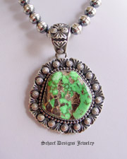 Specimen Large Green Carico Lake & sterling silver artist signed native american pendant | Upscale online Southwestern, Equine, & Native American Jewelry Gallery Boutique | Schaef Designs Jewelry | New Mexico