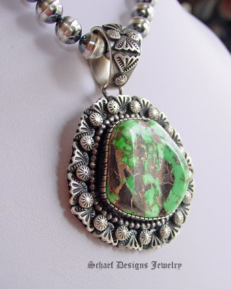 Specimen Large Green Carico Lake & sterling silver artist signed native american pendant | Upscale online Southwestern, Equine, & Native American Jewelry Gallery Boutique | Schaef Designs Jewelry | San Diego CA