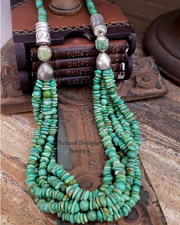 Schaef Designs green turquoise and sterling silver tube bead multi strand long necklace |Arizona