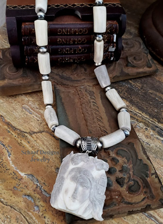 Schaef Designs Carved Antler Shed Maiden & Horses Pendant on Antler & Navajo Pearl Necklace | Arizona 