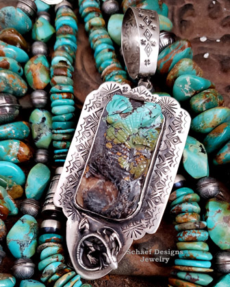 Schaef Designs Hubei Turquoise Carved Lizard & Sterling Silver Southwestern Totem Pendant | Arizona