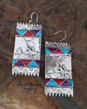 Artist signed Native American Zuni sugilite, turquoise, coral & sterling silver indian rug earrings | Schaef Designs  | New Mexico 