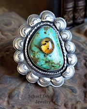  Schaef Designs LARGE Kingman Turquoise Amber & Sterling Silver Adjustable Southwestern Ring | Arizona