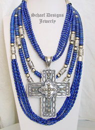 Schaef Designs lapis lazuli and sterling silver tube bead multi strand long necklaces & sterling silver Long bench bead necklace with large Vince Platero Concho Pendant | New Mexico