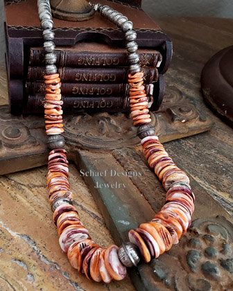 Schaef Designs Large Orange Spiny Oyster & sterling silver stamped bench bead necklace | Arizona 