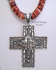 Artist signed VJP Vincent Platero hand Stamped Silver large 3 d cross Pendant  | Schaef Designs | New Mexico
