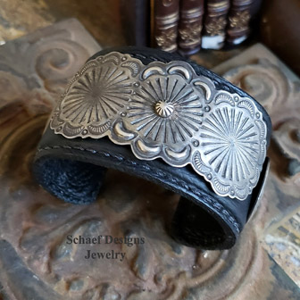   Dark brown leather & sterling silver concho cuff bracelet | Schaef Designs | Arizona