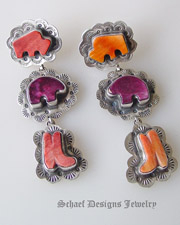 Schaef Designs Jewelry Long southwestern spiny oyster shell buffalo, bear, & cowgirl boot dangle post earrings | New Mexico 