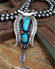 Schaef Designs Morenci Turquoise Old Pawn Pendant on Navajo Pearl Necklace | Arizona