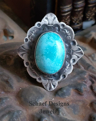 Schaef Designs Nacosari Turquoise & Hand Stamped Sterling Silver ADJUSTABLE Southwester Boho Ring | Arizona