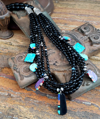 Schaef Designs Black Onyx Navajo Pearl & Native American Tab Multi Strand Necklace | New Mexico 