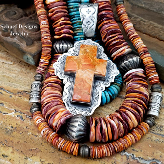Schaef Designs orange apple coral & sterling silver cross southwestern pendant | Arizona 