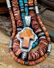 Schaef Designs Orange Apple Coral & Sterling Silver Southwestern Cross Pendant | Arizona