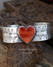 Schaef Designs Orange Spiny Oyster Shell Heart & Sterling Silver Stamped Cuff Bracelet | Arizona 