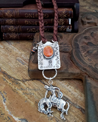 Schaef Designs Orange Spiny Oyster Shell & Sterling Silver Equestrian Braided Deerskin Dog Tag Necklace | Arizona 