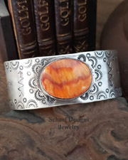 Schaef Designs Orange Spiny Oyster & Stamped Sterling Silver Southwestern Cuff Stacking Bracelet | Arizona