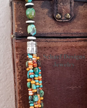 Schaef Designs Orange Spiny green Turquoise & Sterling Silver Navajo Pearl Saucer Bead 5 Strand Long Multi Necklace | Arizona